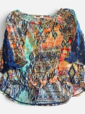 Inspire Boho Geometric Print Crochet Trim Tie Front Top Blouse PL